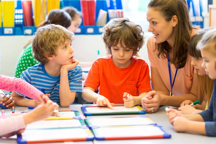 teacher supporting a student in a station rotation