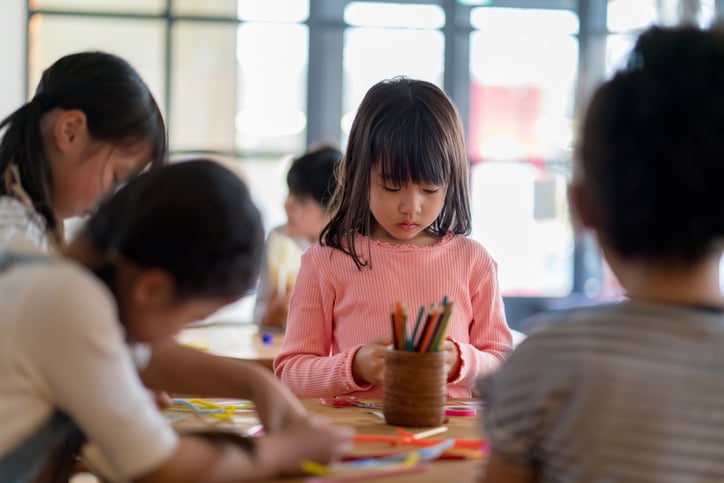 Young group of students with autism in an arts and crafts class