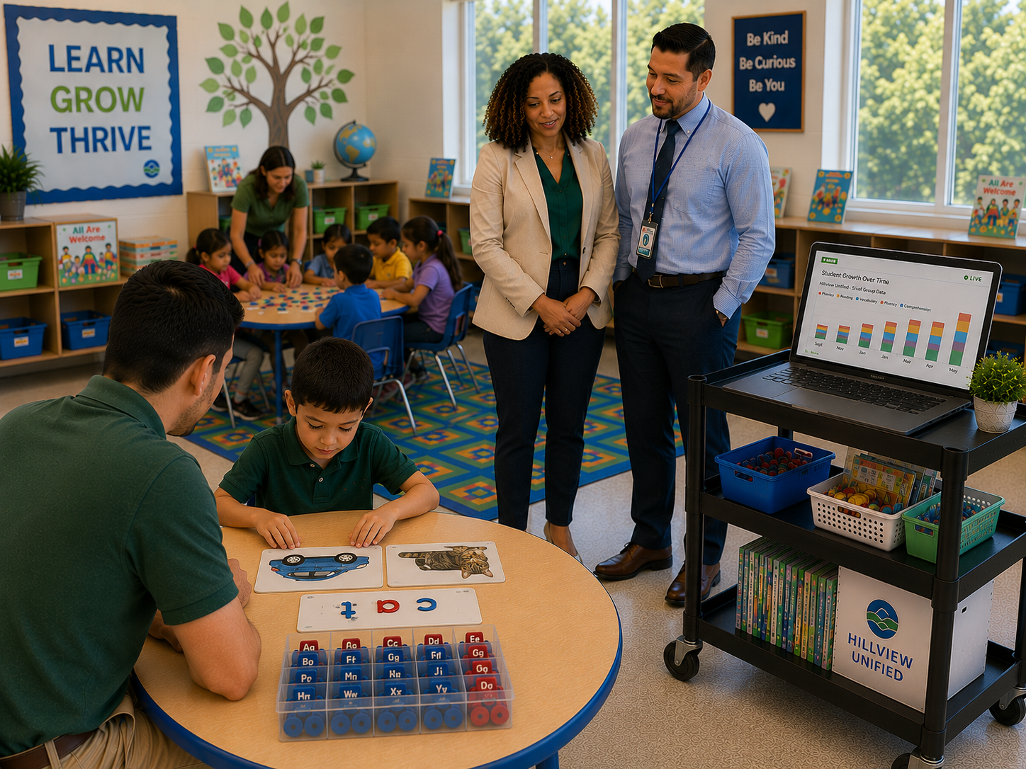 District administrators observe teacher working with elementary student using ARIS picture cards and alphabet grid