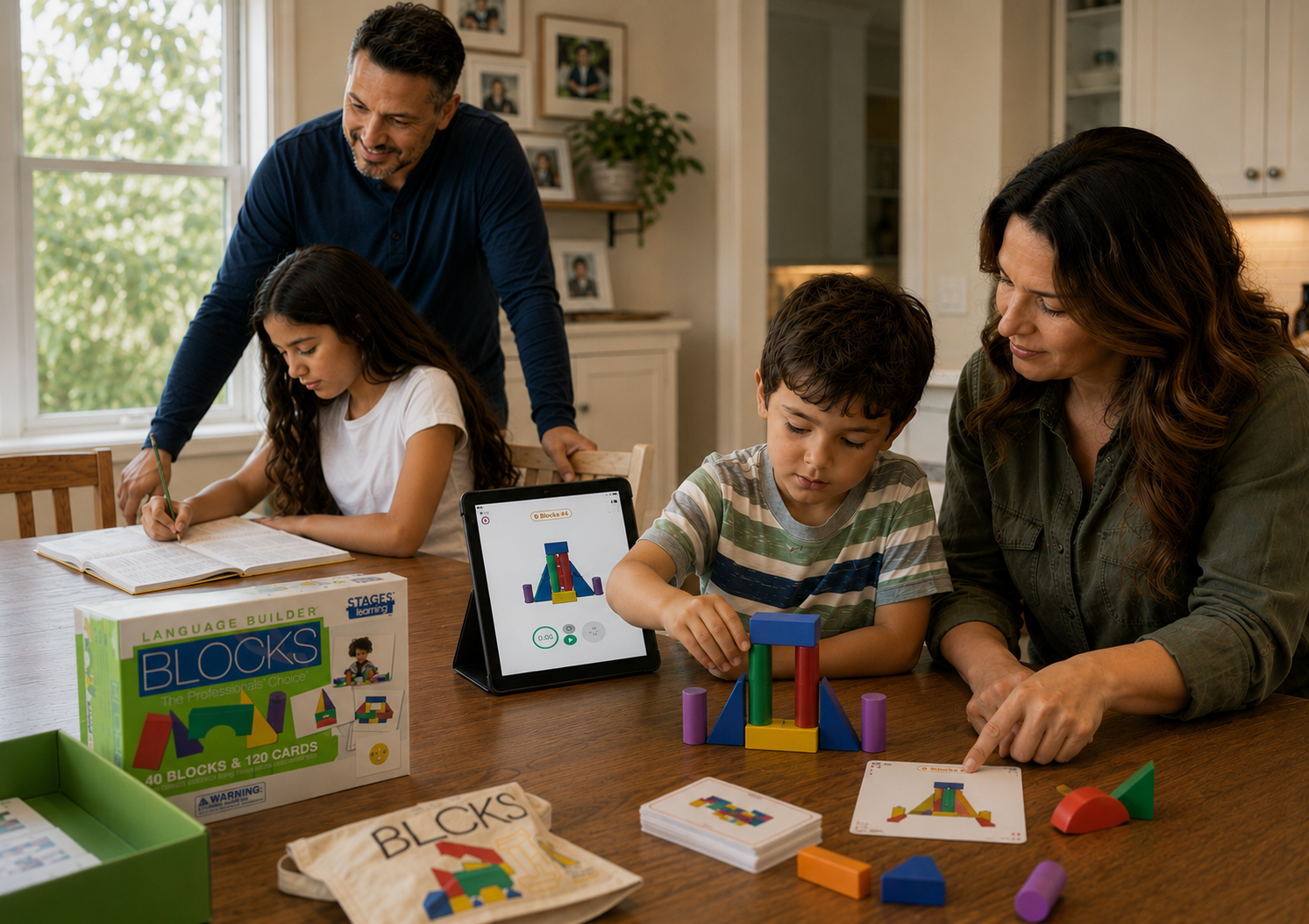 A parent and child working together with ARIS picture cards and materials at home
