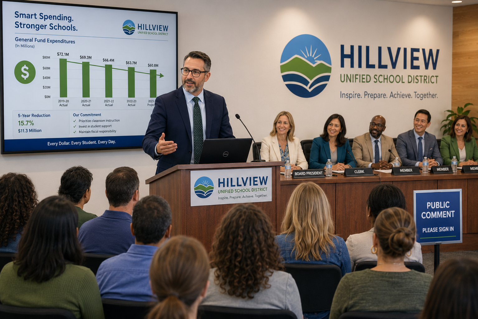 A district superintendent presenting district data at a school board meeting