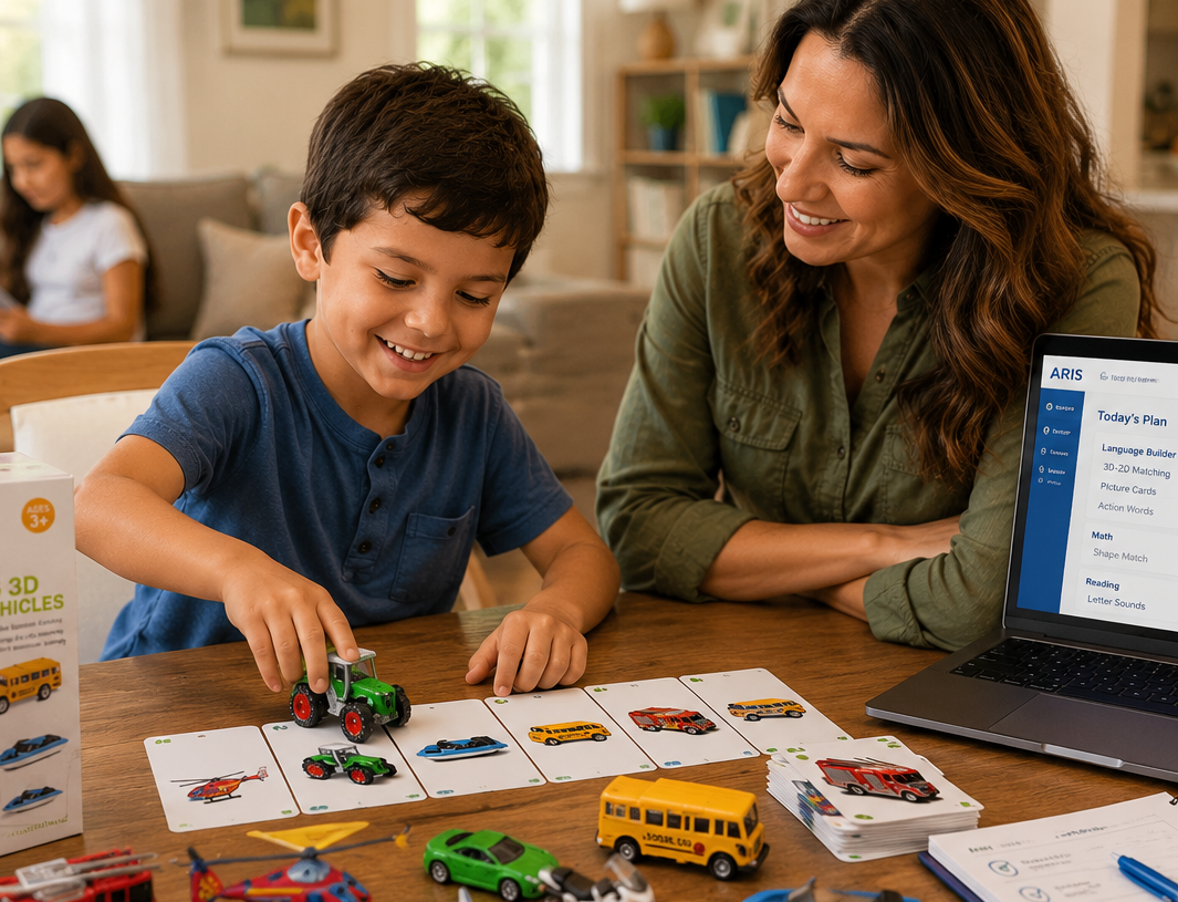 A child matching 3D toy vehicles to their 2D pictures on a computer — the 3D-to-2D Matching lesson