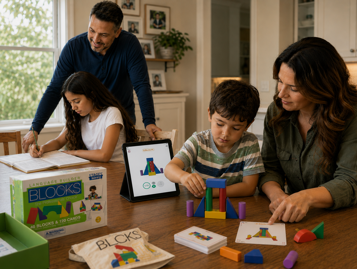 A young child doing the Block Imitation activity with ARIS blocks at home