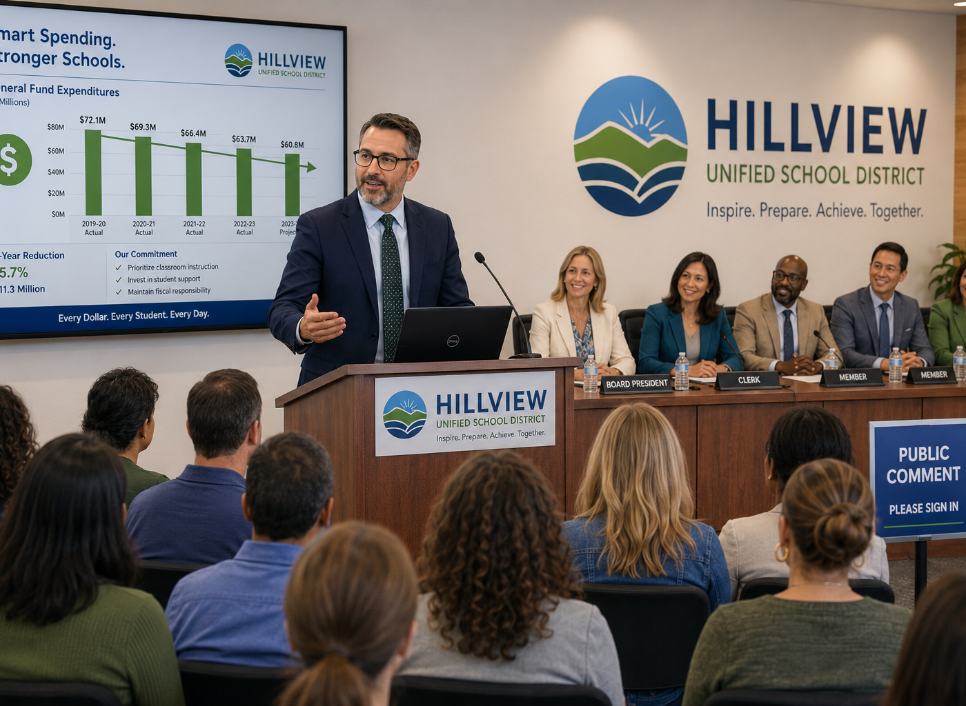 A district superintendent presenting district data at a school board meeting