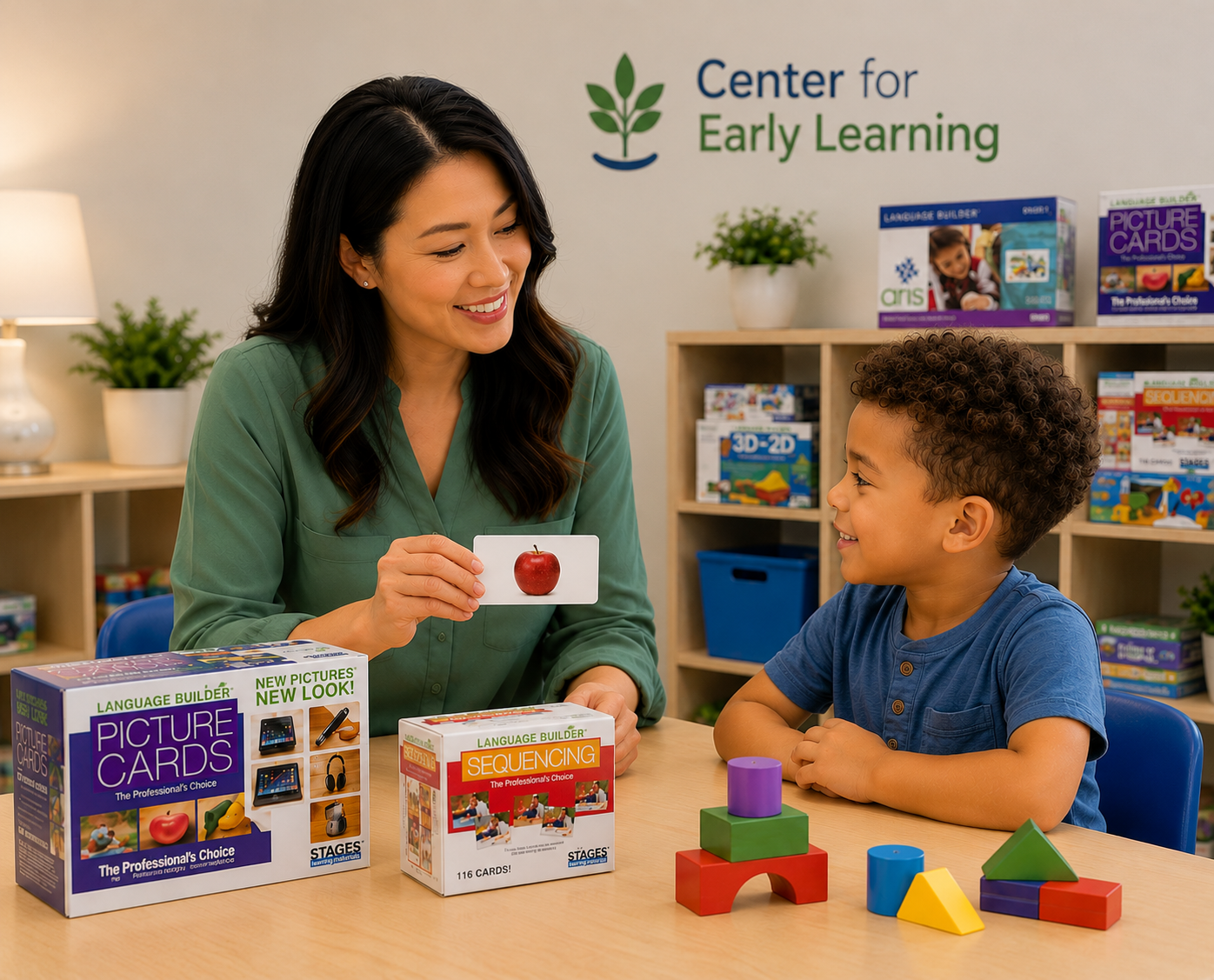 An ABA therapist working one-on-one with a young boy using ARIS picture-card materials in a clinic